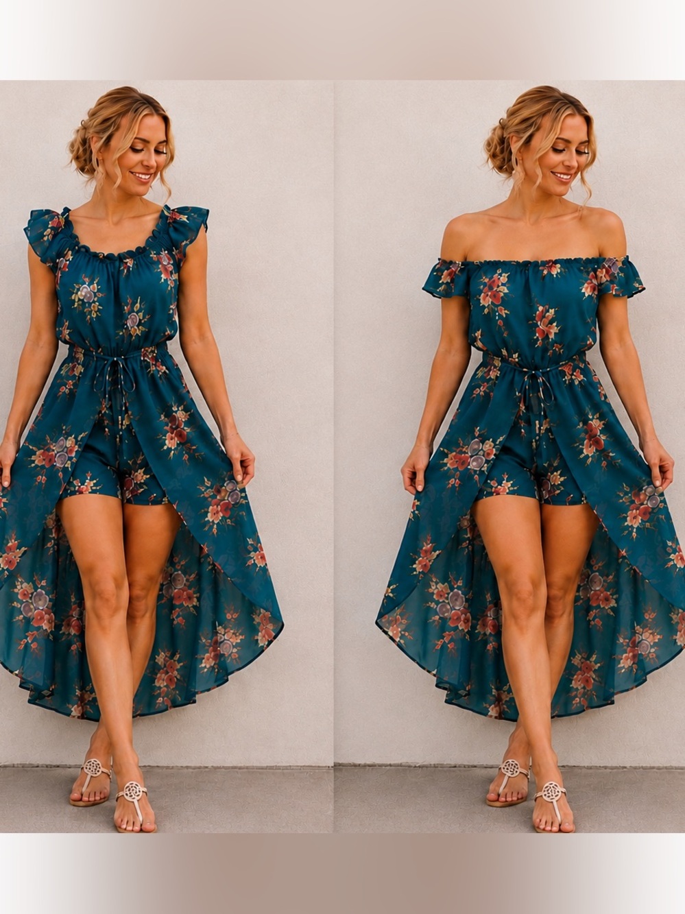 Worn Once! Teal Floral Off-Shoulder High-Low Dress Romper- Size Medium